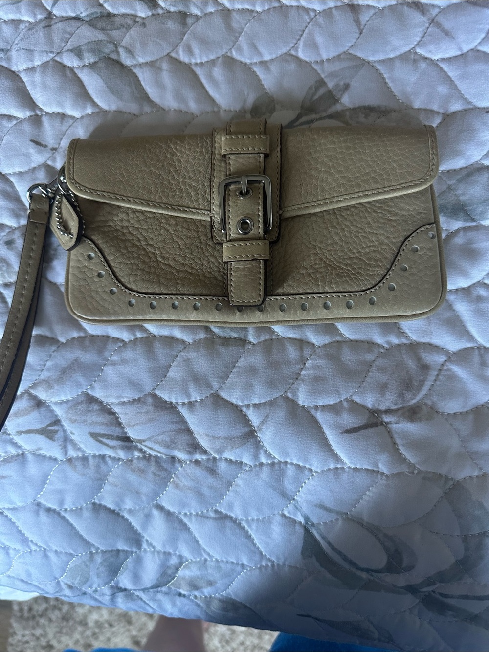 Coach Neutral Beige Leather Wristlet Clutch with Buckle Detail